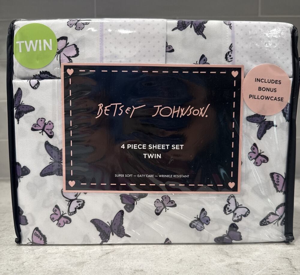 4 Pc BETSEY JOHNSON Purple Butterflies & Dots TWIN Sheet Set Super Soft Sheets